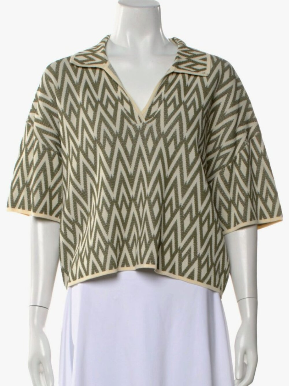 Christian Lacroix Chevron Geometric Knit V‑Neck Polo Sweater Short Sleeve L